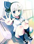  black_hairband blue_eyes blush buruma hair_ornament hairband hairclip hitodama konpaku_youmu konpaku_youmu_(ghost) morogami_ryou open_mouth ribbon shoes short_hair short_sleeves silver_hair sitting smile solo touhou uwabaki volleyball 