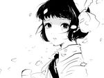  akota black_hair bow crying crying_with_eyes_open greyscale hair_bow looking_at_viewer md5_mismatch midori_(shoujo_tsubaki) monochrome necktie petals polka_dot polka_dot_bow shirt shoujo_tsubaki simple_background solo tears white_background 