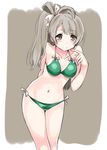  arm_behind_back bad_id bad_pixiv_id bangs bikini bow brown_eyes finger_to_cheek flower green_bikini grey_hair hair_bow hair_flower hair_ornament long_hair love_live! love_live!_school_idol_project midriff minami_kotori navel nyoijizai one_side_up pure_girls_project side-tie_bikini smile solo swimsuit topknot white_bow 