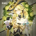  1girl bare_shoulders black_bow black_dress black_gloves blonde_hair bow bow_choker breasts choker cleavage commission copyright_name dress drill_hair drill_sidelocks elbow_gloves flower flower_wreath genshin_impact gloves hair_between_eyes hand_up hat hat_bow highres holding holding_flower logo long_hair looking_at_viewer off_shoulder original picture_hat short_sleeves sidelocks single_elbow_glove single_glove smile solo stuffed_animal stuffed_toy teddy_bear upper_body vignetting white_flower yellow_background yellow_bow yellow_eyes yellow_flower yellow_hat youzha_ligui 