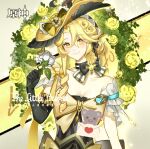  1girl bare_shoulders black_bow black_dress black_gloves blonde_hair bow bow_choker breasts choker cleavage commission copyright_name dress drill_hair drill_sidelocks elbow_gloves envelope flower flower_wreath genshin_impact gloves hair_between_eyes hand_up hat hat_bow highres holding holding_flower logo long_hair looking_at_viewer off_shoulder original picture_hat short_sleeves sidelocks single_elbow_glove single_glove smile solo stuffed_animal stuffed_toy teddy_bear upper_body white_flower yellow_background yellow_bow yellow_eyes yellow_flower yellow_hat youzha_ligui 