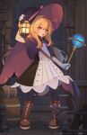  1girl arm_up bandaid bandaid_on_knee bandaid_on_leg barrel black_cat black_cloak black_dress blonde_hair boots brown_eyes brown_footwear cat cloak commentary_request doorway dress full_body gloves hairband hat highres holding indoors lantern linmiu_(smilemiku) little_witch_nobeta long_hair nobeta official_art open_mouth pantyhose phyllis_(cat)_(little_witch_nobeta) phyllis_(little_witch_nobeta) striped_clothes striped_dress wand white_gloves witch_hat 