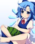  barefoot blue_eyes blue_hair cirno eating food fruit hair_ornament hair_ribbon hairpin ice ice_wings indian_style masiromu ribbon sitting solo touhou watermelon wings 