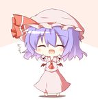  ascot bat_wings blue_hair chibi closed_eyes fang gaius_(nikoniko2) hat hat_ribbon incoming_hug open_mouth remilia_scarlet ribbon shirt skirt skirt_set smile solo touhou translated wings 