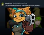2024 alaynakgray angela_cross anthro blue_eyes breasts brown_clothing brown_gloves brown_handwear brown_stripes clothing eyebrows female fur gloves gun handgun handwear hi_res inner_ear_fluff lombax looking_at_viewer mammal pistol ranged_weapon ratchet_and_clank smile solo sony_corporation sony_interactive_entertainment striped_ears stripes tuft weapon yellow_body yellow_fur