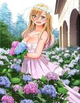  1girl bare_arms bare_shoulders blonde_hair blue_eyes blush bouquet breasts cleavage collarbone commentary_request dress earrings field flower flower_field flower_wreath head_wreath highres holding holding_bouquet hydrangea jewelry kuzuryuu_hanako large_breasts looking_at_viewer open_mouth pink_dress rain smile sogabe_toshinori solo standing strapless strapless_dress swept_bangs yankee_jk_kuzuhana-chan 