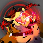 2023 anthro anthro_pred anthro_prey artist_name black_text_border black_text_outline bodily_fluids collar dated dragon duo english_text extreme_size_difference feet_first hi_res hyena hypnosis larger_male larger_pred macro male male/male male_anthro male_pred male_prey mammal mind_control mirco mythological_creature mythological_scalie mythology open_mouth red_text ringed_eyes saliva saliva_string scalie simple_background size_difference smaller_male smaller_prey spiked_collar spikes text tongue vore watermark wild_(wildside) wildside