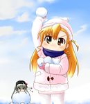  black_legwear blonde_hair blush colorized einhart_stratos heart heterochromia hoshizora_koshina long_hair lyrical_nanoha mahou_shoujo_lyrical_nanoha_vivid multiple_girls pantyhose snow snowball tamu_(mad_works) vivio winter 