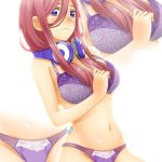  1girl bangs bare_shoulders bra breasts brown_hair cleavage closed_mouth dutch_angle go-toubun_no_hanayome hair_between_eyes headphones headphones_around_neck lace lace_bra lace_panties large_breasts long_hair lukmanscootkenn nakano_miku navel panties purple_bra purple_eyes purple_panties solo stomach thighs underwear 