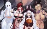  4girls absurdres alsace_(azur_lane) alternate_costume animal_ears annasui_factory ass_visible_through_thighs azur_lane bandages bare_shoulders bat_(animal) between_breasts black_gloves black_hat black_leotard black_necktie black_panties black_veil blue_eyes blue_hair braid breastless_clothes breasts breasts_out brown_hair cake cake_slice chain cleavage coffin contrapposto cross cross_ornament cup curled_horns demon_horns demon_tail demon_wings dress drinking_glass earrings elbow_gloves food food-themed_hair_ornament ghost_costume ghost_mask gloves hair_ornament hair_over_one_eye halloween halloween_costume hands_up hat heart_pasties highres hindenburg_(azur_lane) holding holding_tray horn_ornament horns huge_breasts jewelry laffey_(azur_lane) leotard light_brown_hair long_hair long_sleeves looking_at_viewer low_wings mole mole_on_breast mole_on_pussy multiple_girls mummy_costume navel necktie necktie_between_breasts open_mouth owari_(azur_lane) panties pasties pointy_ears pumpkin pumpkin_hair_ornament rabbit_ears red_eyes red_hair see-through_clothes see-through_dress skindentation small_breasts smile tail tan teeth thighhighs thighs tongue tongue_out tray twin_braids twintails underwear veil very_long_hair white_hair white_thighhighs wings 