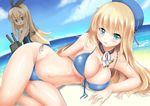  arm_support atago_(kantai_collection) beach bikini blonde_hair blue_eyes blue_hat blush breast_envy breasts cleavage flat_chest front-tie_top green_eyes hat kantai_collection large_breasts long_hair miyuki_rei multiple_girls navel parted_lips rensouhou-chan shimakaze_(kantai_collection) shiny shiny_skin side-tie_bikini smile swimsuit 