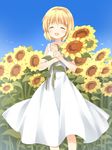  air blonde_hair closed_eyes dress flower happy kamio_misuzu satou_aoi short_hair smile solo sunflower 