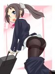  all_nippon_airways ass blue_eyes brown_hair hair_ribbon highres long_hair looking_back luggage open_mouth original panties panties_under_pantyhose pantyhose pencil_skirt ponytail retsumaru ribbon rolling_suitcase skirt skirt_pull solo stewardess thighband_pantyhose underwear wardrobe_malfunction 