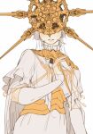  1boy androgynous breasts covered_eyes dark_souls_(series) dark_souls_i dark_sun_gwyndolin dress elbow_gloves gloves gold_headwear grey_dress helmet helmet_over_eyes highres male_with_breasts pursed_lips short_hair spiked_helmet sun_symbol teeth white_hair zunkome 