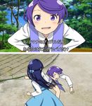  angry annoyed blue_hair blush braid dokidoki!_precure fang half_updo hands_on_hips hishikawa_rikka hjyuyi kenzaki_makoto long_hair multiple_girls ore_no_imouto_ga_konna_ni_kawaii_wake_ga_nai parody precure purple_eyes purple_hair short_hair spoilers style_parody taunting translated tree yuri 