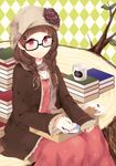  black-framed_eyewear book braid brown_hair cup dress glasses hair_over_shoulder hat jacket komayasu_(kinbakun) long_hair mori_girl nail_polish original purple_eyes scarf sitting smile solo tree_stump twin_braids 