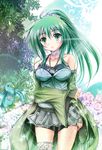  bird breasts choker covered_nipples duel_angel duel_monster flower green_eyes green_hair highres jewelry long_hair looking_at_viewer medium_breasts necklace robe rose smile solo tree white_flower white_rose winda_priestess_of_gusto yuu-gi-ou 