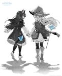 1girl 2girls animal_ears bag bandaid bandaid_on_clothes bandaid_on_knee bandaid_on_leg blue_eyes boots bow cat_ears cat_girl cat_tail cloak dress floating_hair from_behind full_body hat highres holding holding_hands holding_staff kumo_sheep little_witch_nobeta long_hair looking_at_another monochrome multiple_girls nobeta official_art open_mouth phyllis_(human)_(little_witch_nobeta) phyllis_(little_witch_nobeta) red_eyes shadow smile spot_color staff tail tail_bow tail_ornament thighhighs walking witch witch_hat 