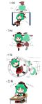  &gt;_&lt; 1girl 4koma ?? @_@ afterimage arm_ribbon arm_up boots bow chair chibi comic commentary_request desk dress eyebrows_visible_through_hair frills front_ponytail green_hair hair_bow hair_ribbon highres holding holding_pencil kagiyama_hina long_hair math motion_lines open_mouth outstretched_arms pencil red_dress ribbon school_chair school_desk simple_background sitting solo spinning sweat sweating_profusely touhou translation_request triangle_mouth unachika v-shaped_eyebrows white_background 
