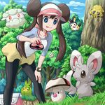  :d bag black_eyes black_legwear blue_eyes breasts brown_hair cottonee double_bun emolga foongus gen_5_pokemon grass hand_on_own_knee joltik legs licking_lips long_hair medium_breasts mei_(pokemon) minccino open_mouth orange_eyes pantyhose poke_ball poke_ball_print pokemoa pokemon pokemon_(creature) pokemon_(game) pokemon_bw2 shorts smile solosis swadloon sweatdrop tongue tongue_out tree twintails visor_cap watch wristwatch 