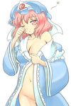  :&lt; bad_id bad_pixiv_id blue_dress breasts cleavage collarbone dress groin hat holding_clothes japanese_clothes large_breasts long_sleeves midriff navel no_bra no_panties off_shoulder one_eye_closed open_clothes open_dress pink_eyes pink_hair rubbing_eyes saigyouji_yuyuko simple_background solo touhou triangular_headpiece veil waking_up white_background wide_sleeves yuuma_(pumpkin) 