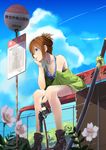  ankle_boots bad_id bad_pixiv_id bare_shoulders bench blue_eyes boots bra breasts brown_hair bus_stop cleavage cloud day fence flower folded_ponytail gun hair_up highres hitotose_hirune katana medium_breasts original sitting sky solo striped striped_bra sword underwear weapon 
