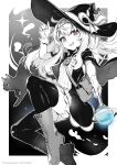  1girl bag bandaid bandaid_on_clothes bandaid_on_knee bandaid_on_leg bloomers boots capelet cat flat_chest gloves hairband hat highres holding holding_staff kumo_sheep little_witch_nobeta long_hair looking_at_viewer monochrome nobeta official_art open_mouth phyllis_(cat)_(little_witch_nobeta) phyllis_(little_witch_nobeta) pink_eyes smile solo spot_color staff thighhighs witch witch_hat 