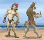 2016 5_fingers 5_toes alcohol ankle_band anthro beach beer beer_bottle beverage black_claws black_nose bottle broad_shoulders brown_body brown_claws brown_eyes brown_fur bulge canid canine canis cellphone cheek_tuft chin_tuft claws clothed clothing container day domestic_dog duo dyed_mane ear_piercing ear_ring ear_stud electronics eyebrow_piercing eyebrow_ring facial_hair facial_piercing facial_tuft feet finger_claws fingers fluffy fluffy_tail fur furgonomic_swimwear furgonomics german_shepherd goatee green_eyes herding_dog hi_res highlights_(coloring) holding_beer_bottle holding_cellphone holding_object holding_phone holding_smartphone humanoid_feet hyena leg_markings looking_at_another looking_at_butt looking_at_object looking_at_phone male mammal mane markings muscular muscular_anthro muscular_male musical_note musical_symbol navel nose_piercing nose_ring ogling open_mouth outside pastoral_dog pecs phone piercing pink_body pink_fur plantigrade ring_piercing sampsonwoof sea shaded signature smartphone smile snaggle_tooth socks_(marking) speedo speedo_only spots spotted_hyena standing story story_in_description swimwear symbol tail tan_body tan_fur teeth toe_claws toes tongue topless tuft underbite walking water whiskers wristband