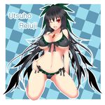  bikini black_bikini black_hair black_wings breasts frilled_bikini frills gmot hair_ribbon highres jewelry large_breasts long_hair navel necklace one_eye_closed red_eyes reiuji_utsuho ribbon smile solo swimsuit touhou very_long_hair wings 