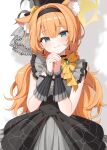  1girl animal_ear_fluff animal_ears black_dress black_hat blue_archive blue_eyes blush bow cat_ears cat_girl closed_mouth commentary_request dress flower grey_dress hair_intakes halo hat hat_flower highres long_hair looking_at_viewer low_twintails mari_(blue_archive) mari_(idol)_(blue_archive) official_alternate_costume official_alternate_hairstyle orange_hair own_hands_together rose simple_background smile solo top_hat twintails two-tone_dress white_background wrist_wrap yellow_bow yellow_flower yellow_halo yellow_rose yon_(letter) 