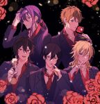  5boys :d ahoge alcohol bishie_sparkle black_background black_hair black_jacket blonde_hair blue_eyes blurry blush bokeh brown_hair champagne champagne_flute collarbone collared_shirt cup depth_of_field dges51102 double-parted_bangs drinking_glass ensemble_stars! flower gold_necklace green_eyes hair_between_eyes hair_intakes hair_over_shoulder hakaze_kaoru hand_in_own_hair hand_on_own_face hidaka_hokuto highres holding holding_cup holding_flower jacket jewelry kanzaki_souma light_particles long_hair long_sleeves looking_at_viewer low_ponytail multiple_boys necklace necktie one_eye_closed parted_lips partially_unbuttoned pectoral_cleavage pectorals ponytail purple_eyes purple_hair raised_eyebrows red_eyes red_flower red_necktie red_rose red_shirt rose sakuma_rei_(ensemble_stars!) shirt short_hair sidelocks smile smirk takamine_midori teeth upper_body upper_teeth_only v-shaped_eyebrows wolf_cut yellow_eyes 