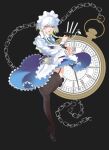  1girl absurdres apron black_thighhighs blue_dress bow braid chain clothes_lift dress garter_straps green_bow highres izayoi_sakuya knife lace-trimmed_thighhighs lace_trim long_hair maid maid_apron maid_headdress mary_janes oversized_object pocket_watch red_eyes roman_numeral shoes skirt skirt_lift standing standing_on_one_leg thighhighs throwing_knife throwing_weapon touhou twin_braids watch weapon wedee white_hair 