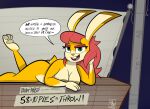 absurd_res anthro booth breasts buckteeth dialogue female fur green_eyes hair hi_res jelly-limos lagomorph leporid looking_at_viewer mammal nipples nude orange_body orange_fur paws rabbit red_hair sebaku solo talking_to_viewer teasing teeth