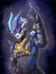  1boy alien arm_strap armor black_gloves black_skin blue_armor blue_mask blue_skin claws colored_skin commentary_request dark_background gloves highres male_focus mask mayamaxxxx multicolored_skin no_pupils red_eyes shoulder_armor shoulder_spikes silver_skin solo spikes strap tokusatsu ultra_series ultraman_taiga_(series) ultraman_tregear upper_body 