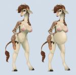  anthro belly big_belly big_breasts big_lips braided_hair breasts brown_eyes brown_hair cloven_hooves eyelashes feathering female fur giraffe giraffid hair hooved_fingers hooves lips lipstick makeup mammal milk-jug nude ossicones pregnant pussy solo spots spotted_fur standing 
