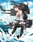  blue_eyes boots brown_hair detached_sleeves gun hairband headgear hiei_(kantai_collection) highres japanese_clothes kantai_collection open_mouth pantyhose short_hair solo splashing tadano_magu thigh_boots thighhighs water weapon 