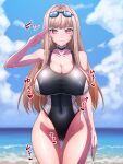  1girl ass_visible_through_thighs black_choker black_one-piece_swimsuit bouncing_breasts breasts brown_eyes brown_hair cameltoe choker cleavage competition_swimsuit covered_navel goddess_of_victory:_nikke goggles goggles_on_head highleg highleg_one-piece_swimsuit huge_breasts kemurin long_hair looking_at_viewer official_alternate_costume one-piece_swimsuit rapi_(classic_vacation)_(nikke) rapi_(nikke) salute solo swim_goggles swimsuit thighs two-tone_swimsuit 