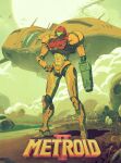  adam_baines arm_cannon copyright_name full_body giant_insect green_visor hand_on_own_hip highres metroid metroid_dread power_suit samus's_gunship samus_aran scenery solo spacecraft standing weapon 