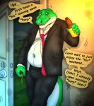 alcohol alligator alligatorid beer beverage bottle bubble building business_suit businesswear clothing container cregon crocodile crocodilian drunk drunk_bubble english_text green_body hi_res house lukoi male necktie reptile scalie solo speech_bubble substance_intoxication suit text two_tone_bodyt white_body yellow_eyes