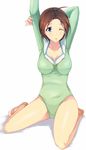  blue_eyes brown_hair character_request copyright_request full_body green_leotard kalian leotard one_eye_closed short_hair sitting solo stretch wariza 