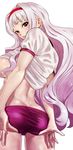  ass bangs blunt_bangs breasts buruma gym_uniform hairband idolmaster idolmaster_(classic) long_hair looking_at_viewer looking_back medium_breasts nekoi_mie purple_eyes purple_hair shijou_takane shirt_lift sideboob silver_hair solo 