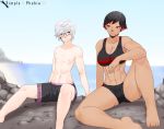  1boy 1girl abs androgynous beach bikini femboy glasses grey_hair highlights highres multicolored_hair pale red_eyes simplephobiaxd sweat swimsuit taiyo_akari tanned tattoo trap two_piece 