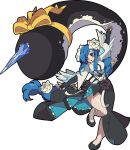  1girl absurdres angel_wings black_dress black_flower black_footwear blue_hair braid braided_ponytail dizzy_(guilty_gear) dress elbow_gloves fingerless_gloves flower gloves guilty_gear guilty_gear_strive hair_flower hair_ornament highres kekeken leg_up long_hair long_skirt narwhal open_mouth queen_dizzy red_eyes ribbon simple_background skirt solo swept_bangs tail tail_ornament tail_ribbon thick_thighs thighs white_background white_flower wings 