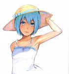  arm_up armpits bangs bare_shoulders besi323 blue_eyes blue_hair bow breasts buttons dress hair_between_eyes hair_ornament hairclip hand_on_headwear hat hat_bow highres lace lace-trimmed_dress looking_at_viewer mahou_shoujo_madoka_magica miki_sayaka short_hair simple_background small_breasts smile solo straw_hat sun_hat sundress traditional_media upper_body white_background white_dress 