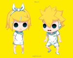  1girl blonde_hair bow headphones kagamine_len kagamine_rin nagimiso short_hair vocaloid yellow_background 