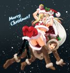  1boy 1girl ;d all_fours animal_costume bikini black_footwear blonde_hair blush boots breasts brown_hair capelet christmas commentary_request dark_background fur-trimmed_bikini fur-trimmed_boots fur-trimmed_capelet fur-trimmed_headwear fur-trimmed_thighhighs fur_trim gift gradient_background hat highres holding holding_gift holding_sack kuzuryuu_hanako long_hair looking_at_viewer merry_christmas one_eye_closed open_mouth red_bikini red_capelet red_hat red_thighhighs reindeer_costume sack santa_bikini santa_capelet santa_hat saotome_hodaka short_hair sitting sitting_on_person smile snowing sogabe_toshinori sweat swimsuit thighhighs underboob yankee_jk_kuzuhana-chan 