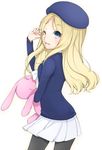  1girl beret blonde_hair blue_eyes cherry_boy_takashi frenda_seivelun hat highres long_hair looking_at_viewer looking_back pantyhose ribbon rubbing_eyes skirt sleepy solo stuffed_animal stuffed_bunny stuffed_toy to_aru_kagaku_no_railgun to_aru_majutsu_no_index wince 