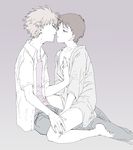  bad_id bad_pixiv_id blue_eyes blush brown_hair full_body hand_on_another's_chest hickey ikari_shinji imminent_kiss male_focus multiple_boys nagisa_kaworu naked_shirt neon_genesis_evangelion pale_color red_eyes saifu_(sisutakh) shirt yaoi 