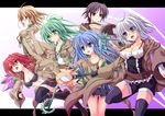  5girls ahoge aussa blue_eyes blue_hair breasts brown_eyes brown_hair cleavage dharc duel_monster eria glasses green_eyes green_hair highres hiita long_hair lyna medium_breasts multiple_girls open_mouth ponytail red_eyes red_hair robe short_hair smile staff takkayuuki thighhighs white_hair wynn yuu-gi-ou yuu-gi-ou_duel_monsters 