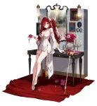  1girl absurdres bare_legs breasts candle candlestand capelet cleavage clothing_cutout curly_hair detached_sleeves dress eversoul flower frilled_sleeves frills front_slit full_body game_cg hair_ornament highres jewelry large_breasts long_hair long_sleeves looking_at_viewer mirror official_alternate_costume official_alternate_hairstyle official_art petals picture_frame pink_flower pink_rose plant potted_plant purple_flower purple_rose red_carpet red_eyes red_flower red_hair red_rose rose side_cape side_cutout sigrid_(eversoul) sitting smile solo table tachi-e thigh_strap transparent_background wall_lamp white_capelet white_dress white_footwear 